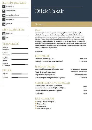 Eczacı CV Örnekleri cv indir